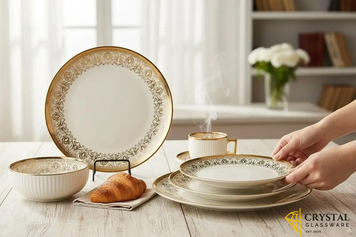 32 Piece Noritake Summit Gold dinner plate, featuring a wide, etched gold rim and a detailed, scrolled leaf pattern